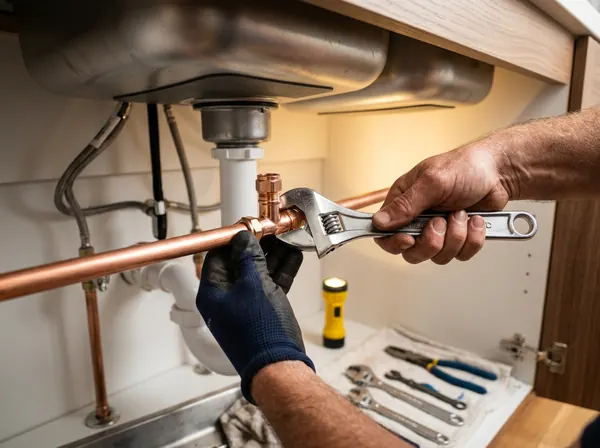 Plumber tightening a copper pipe fitting under a kitchen sink