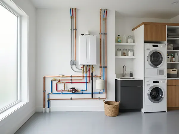 Wall-mounted tankless water heater neatly installed in a bright laundry room