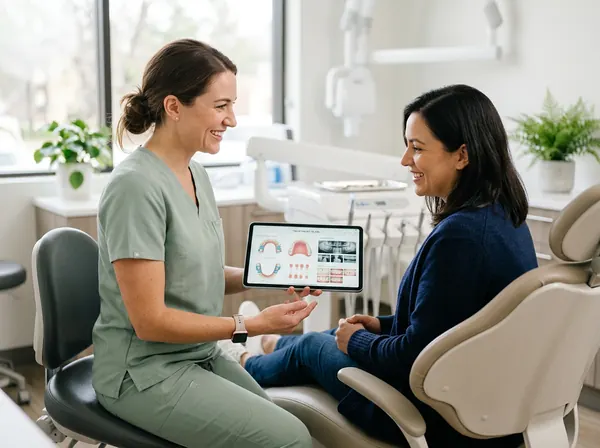 Dentist showing a patient her treatment plan on a tablet