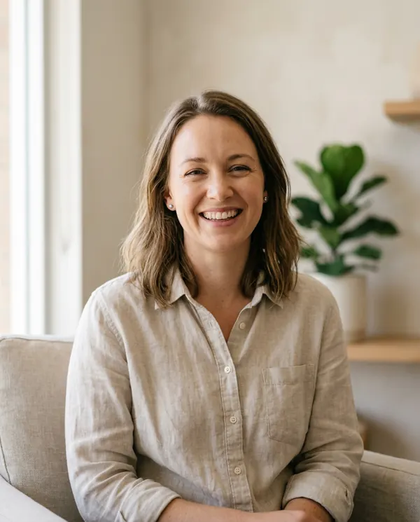Woman smiling naturally in soft window light