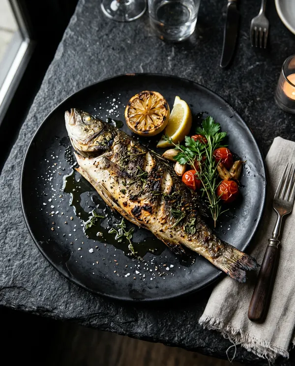 Whole grilled branzino with lemon and herbs on a black plate