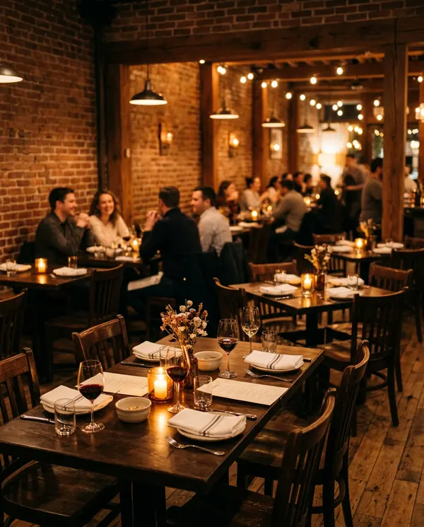 Candlelit dining room with brick walls and guests at dinner