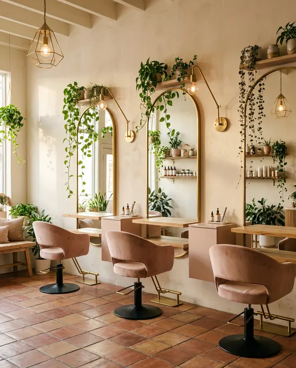 Salon interior with arched mirrors, blush chairs and hanging plants