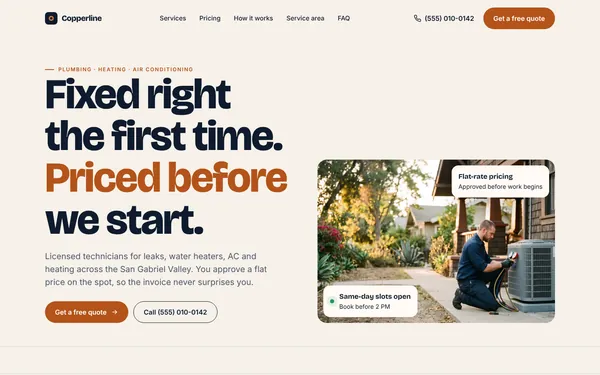 Homepage of the Copperline Plumbing & Air concept site
